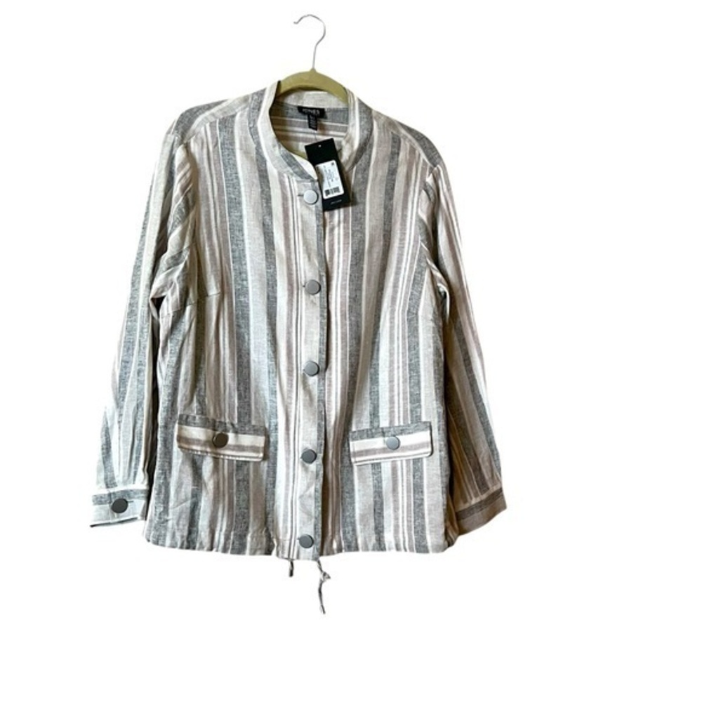 NWT Jones New York “Hampton” Linen Blend Striped Collarless Jacket, Cement, 1X